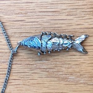 Articulated fish charm necklace, silver, 16 inch